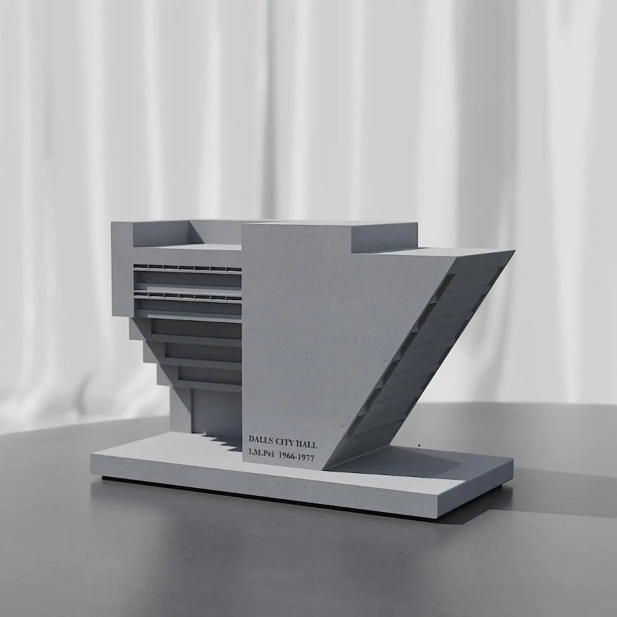 Home Decor Dallas - โมเดลบิลท์ติ้งอาคารคอนกรีตซีเมนต์สำนักงานเทศบาลเมืองดัลลัสของ I M Pei สำหรับตกแต่งบ้าน ห้องนั่งเล่น