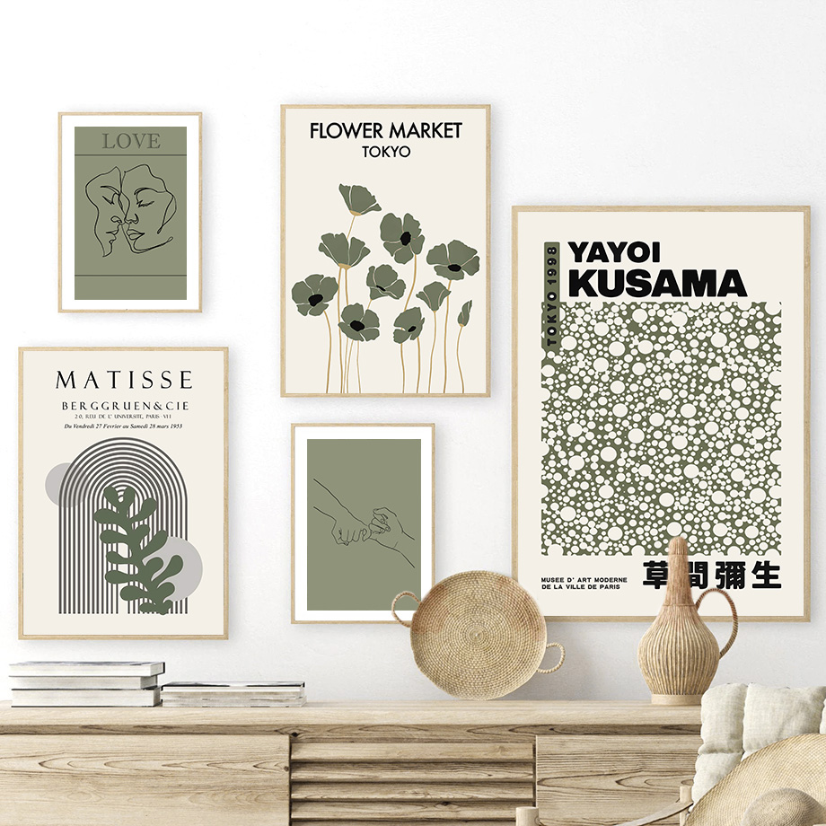 Home Decor Green - สีเขียวเซจ ยาโยอิ คุซามะ มาติส ภาพวาดดอกไม้บนผืนผ้าใบ ศิลปะติดผนัง