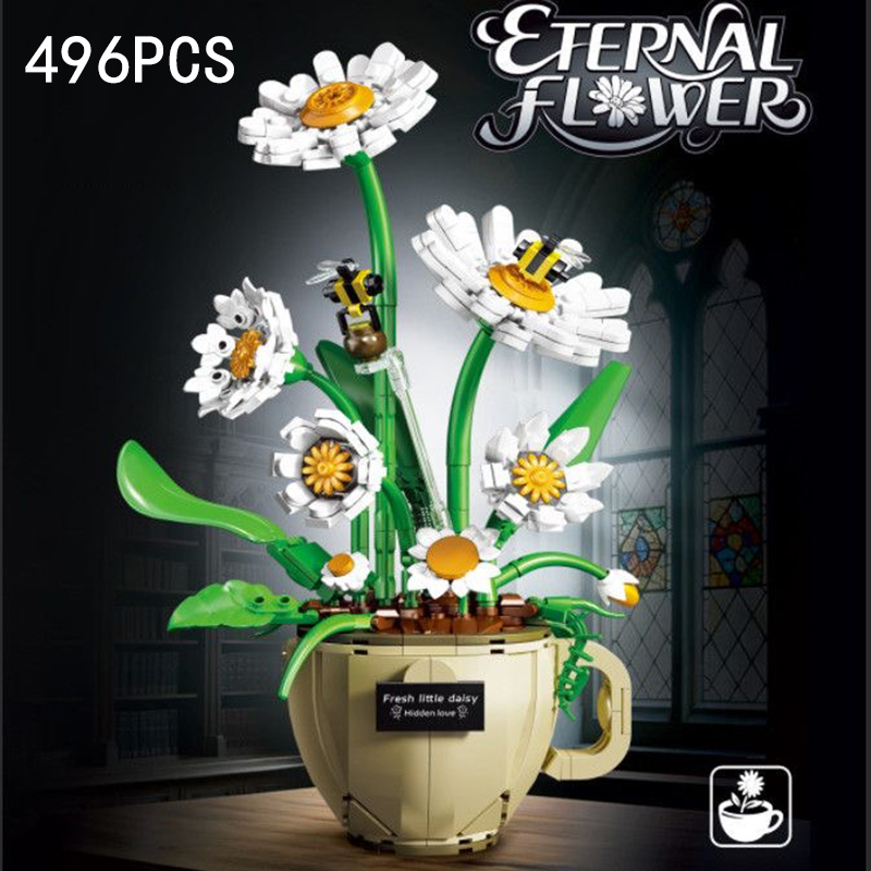 Home Decor Daisy - MOC ถ้วยกาแฟดอกไม้บล็อกตัวต่อกระถางต้นไม้ช่อดอกไม้กุหลาบเดซี่ดอกไม้นิรันดร์รุ่นตกแต่งบ้านของเล่นปริศนาโรแมนติก Gif