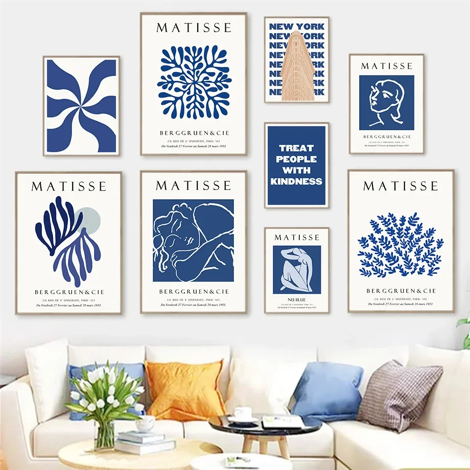 Home Decor Exhibition - ศิลปะติดผนังสไตล์มินิมอลแบบสแกนดิเนเวียน ลายเสือดาวสีน้ำเงินสไตล์มาติส งานแสดงศิลปะสมัยใหม่ โปสเตอร์พิมพ์ภาพความละเอียดสูง สำหรับตกแต่งบ้าน ห้องนอน