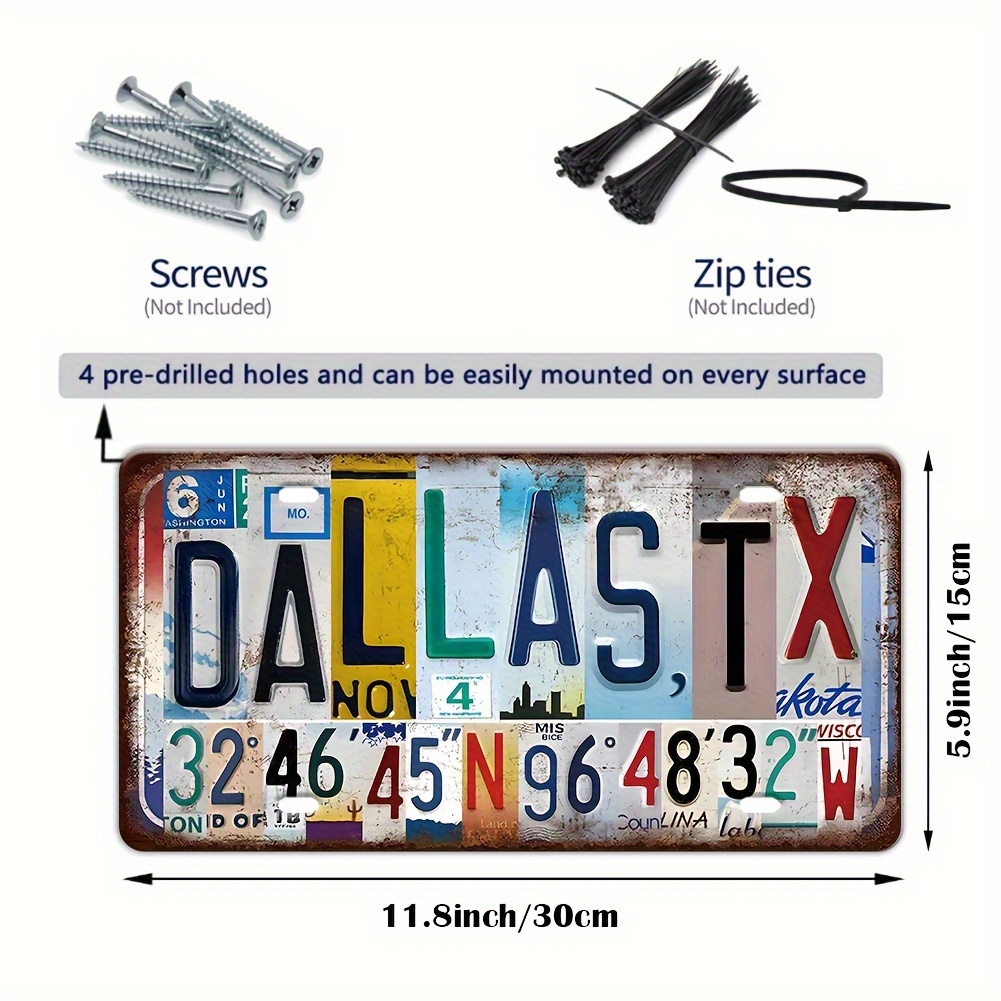 Home Decor Dallas - แผ่นโลหะติดผนังลายเมืองวินเทจและเมืองทางใต้แบบ 2D - ออสติน, ดัลลัส, แนชวิลล์,