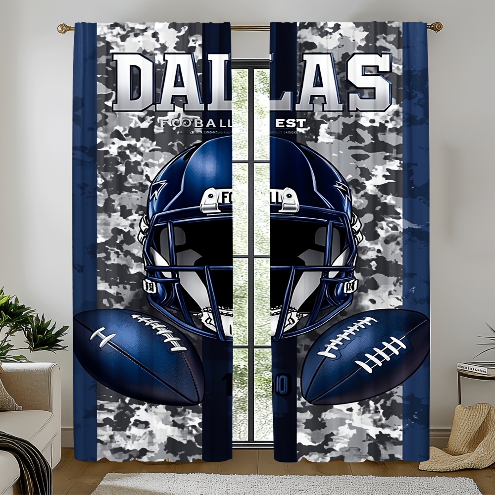 Home Decor Dallas - ม่านประตูลายฟุตบอลดัลลัส 2 ชิ้น, ลายพรางสีน้ำเงินขาว หมวกกันน็อคฟุตบอล แบบกึ่งโปร่งแสง
