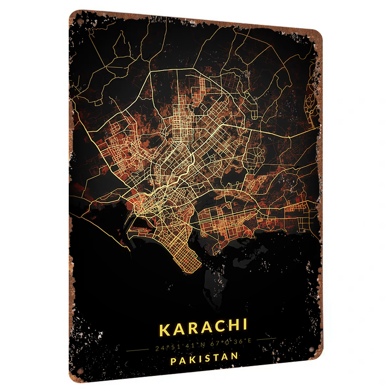 Home Decor Karachi - แผนที่เมืองการาจี ประเทศปากีสถาน งานศิลปะติดผนังโลหะ ภาพวาดเหล็กตกแต่งสำหรับตกแต่งบ้านและสำนักงาน